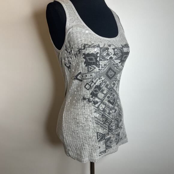 Vintage Almost Famous Sequin Tank Top Gray Y2K Womens XL Aztec Boho Ribbed Party - Picture 4 of 10